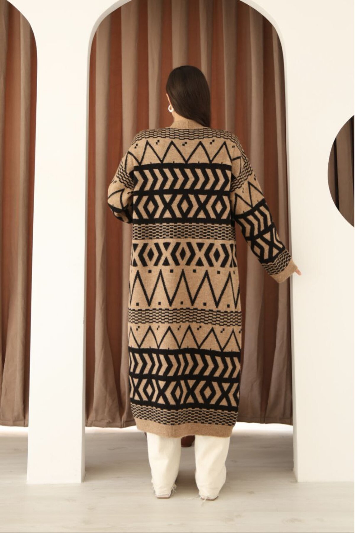 Desenli Saçaklı Uzun Boy Triko Hırka Kahve