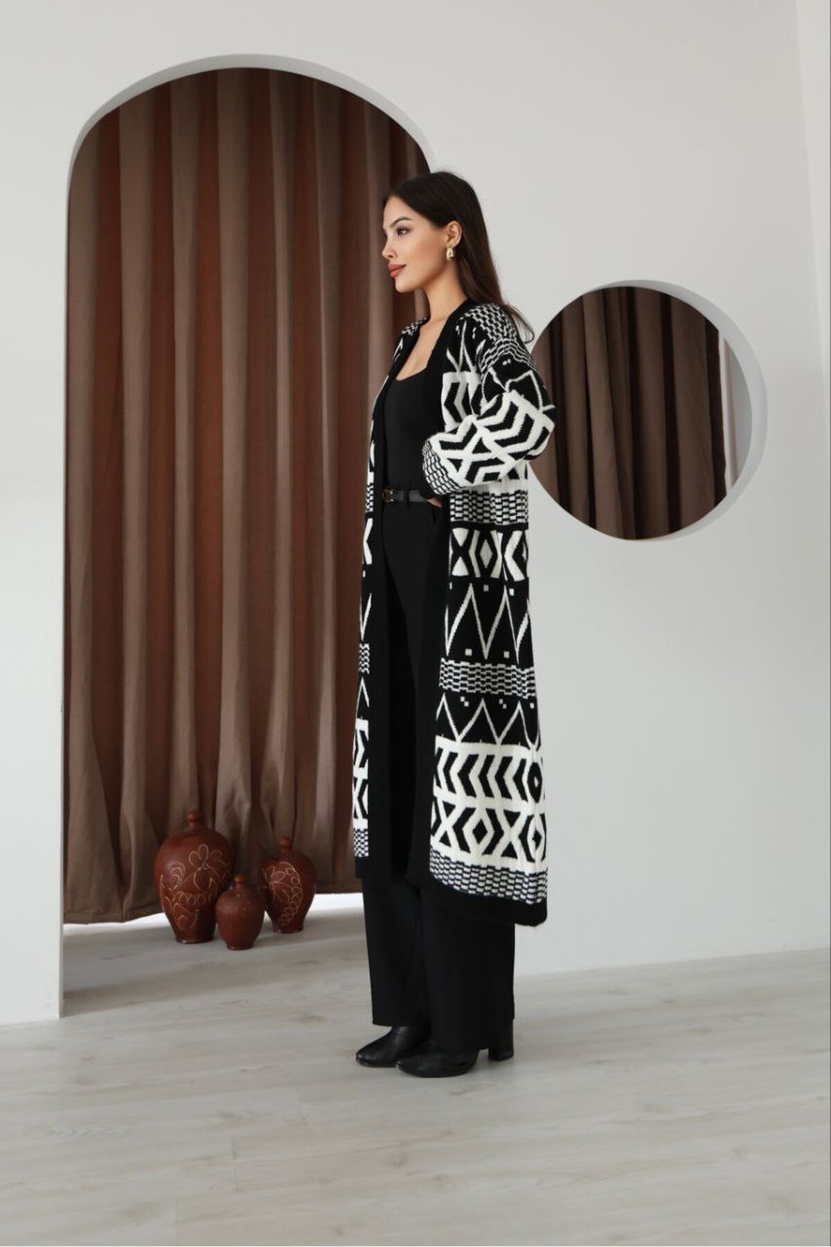 Desenli Saçaklı Uzun Boy Triko Hırka Siyah