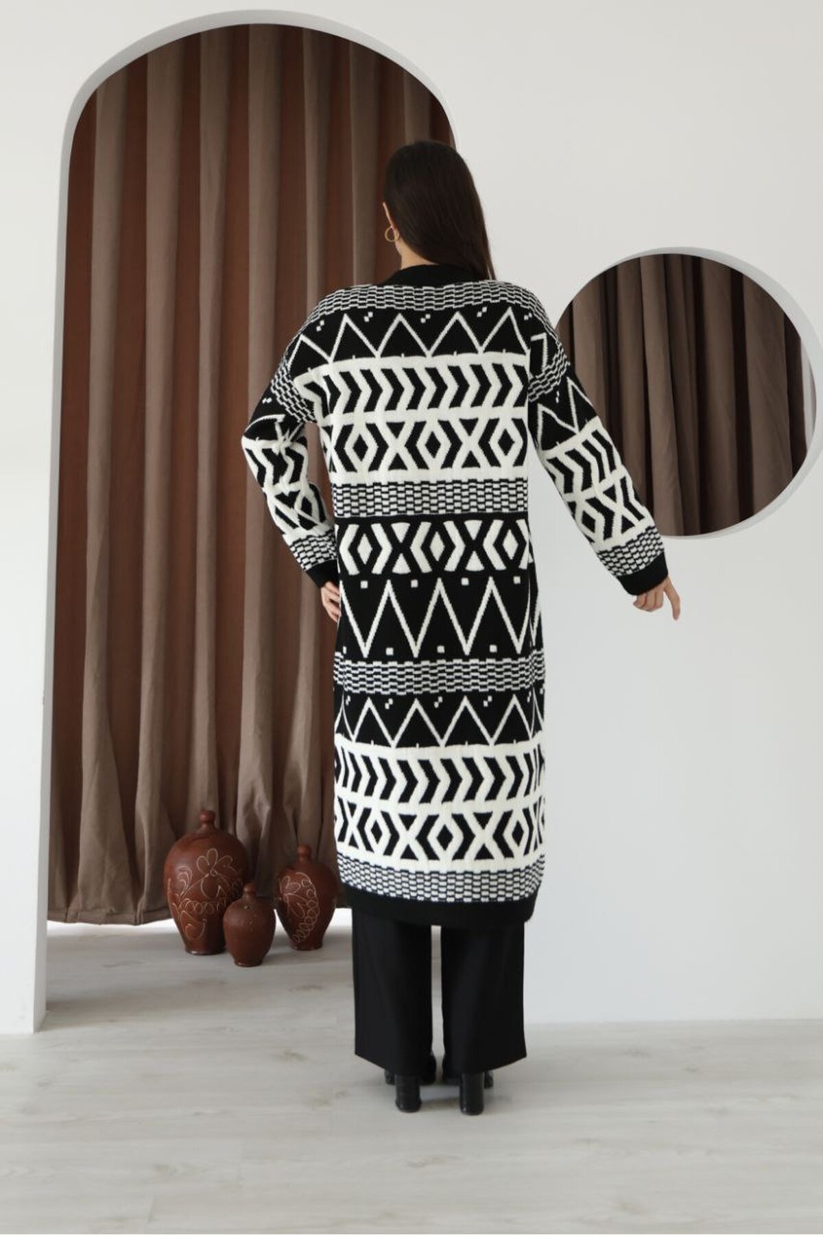 Desenli Saçaklı Uzun Boy Triko Hırka Siyah