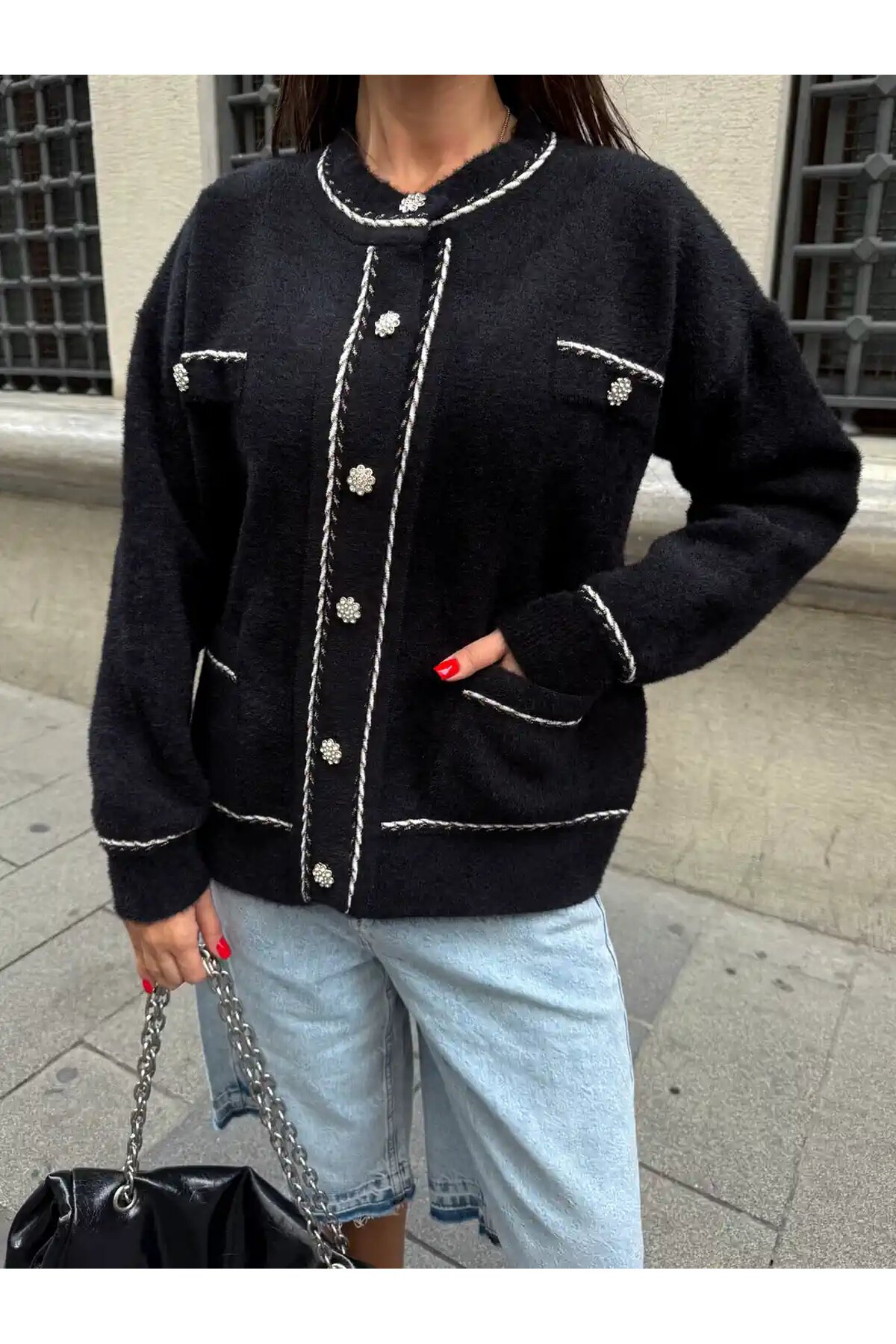 Düğme Ve Biye Detaylı Çift Cepli Triko Bluz Hırka