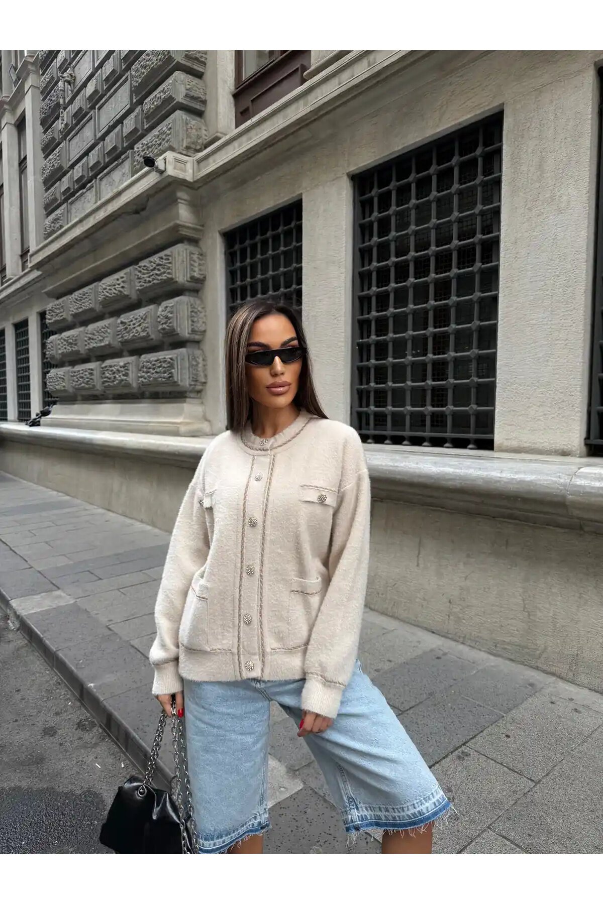 Düğme Ve Biye Detaylı Çift Cepli Triko Bluz Hırka