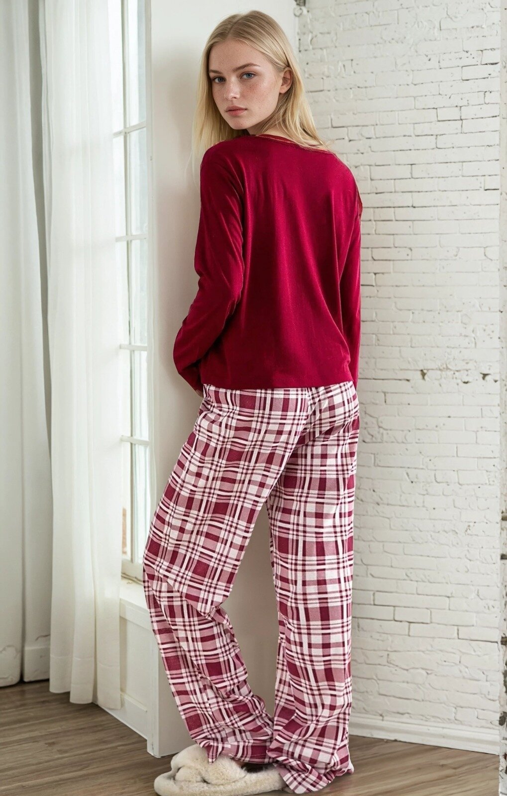 Ekose Desen Ayıcık Detay Uzun Kol Pijama Takımı