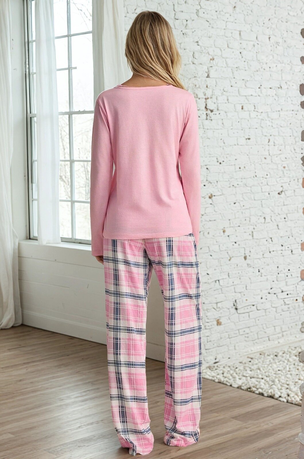 Ekose Desen Happy Baskılı Uzun Kol Pijama Takımı