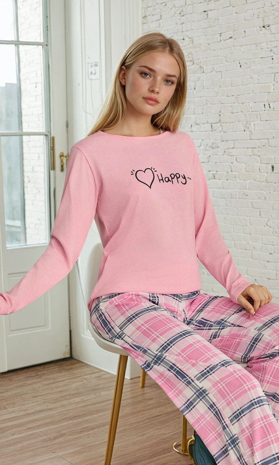 Ekose Desen Happy Baskılı Uzun Kol Pijama Takımı