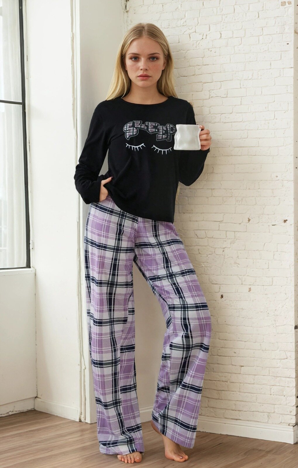 Ekose Desen Sleep Baskılı Uzun Kol Pijama Takımı