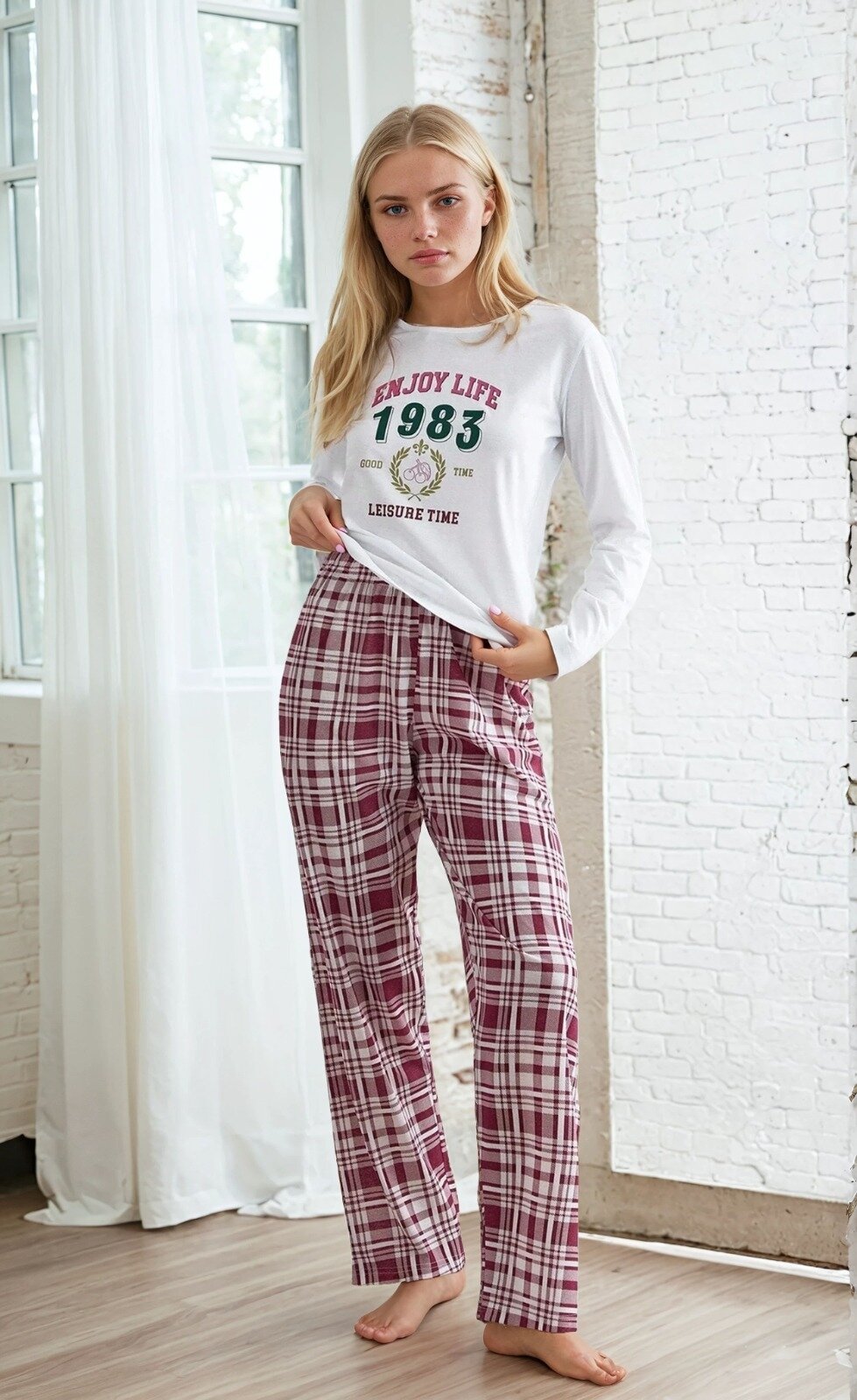 Ekose Desen Yazı Baskılı Uzun Kol Pijama Takımı