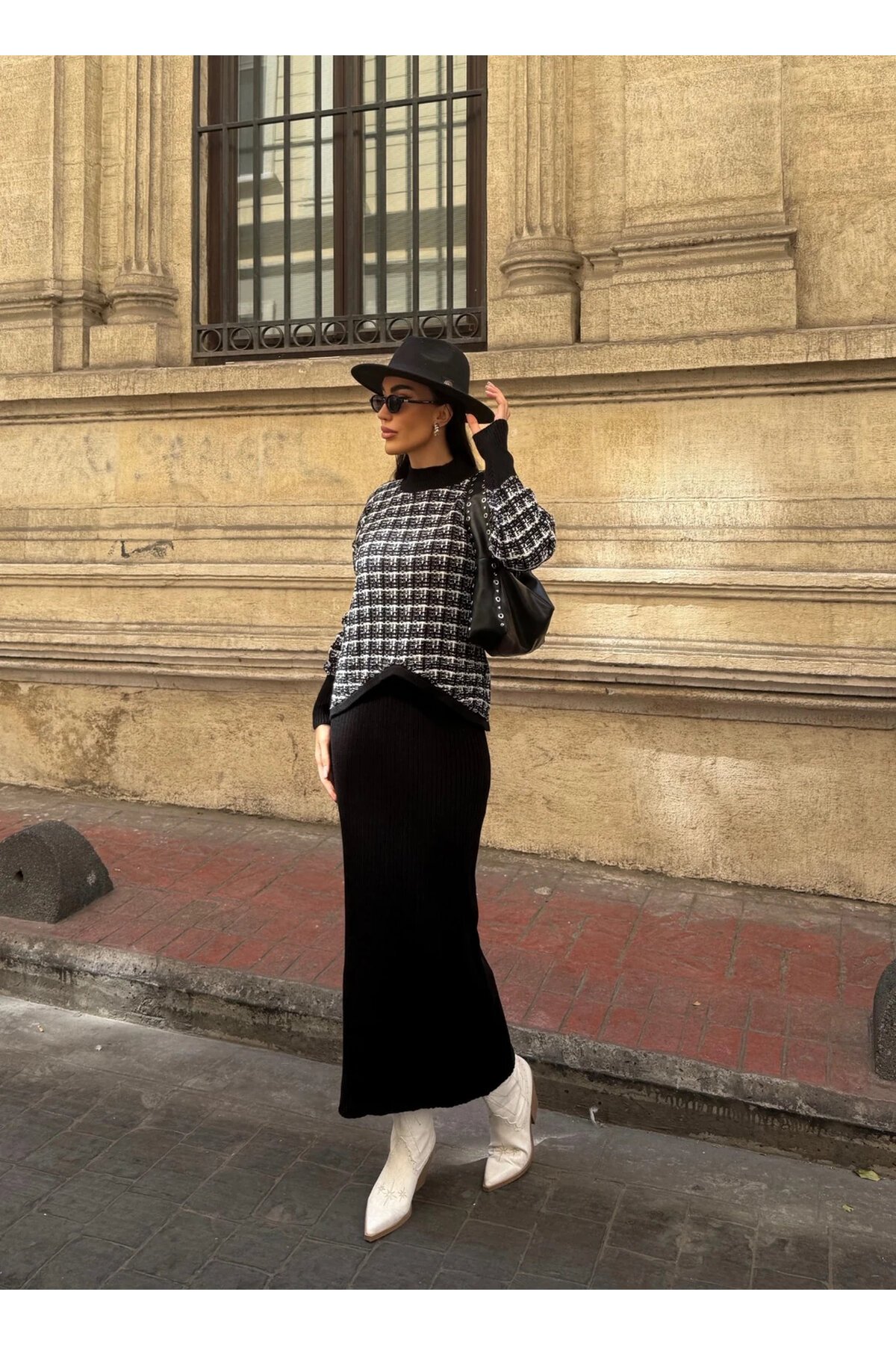 Ekose Desenli Kazak ve Elbise Triko Takım Siyah