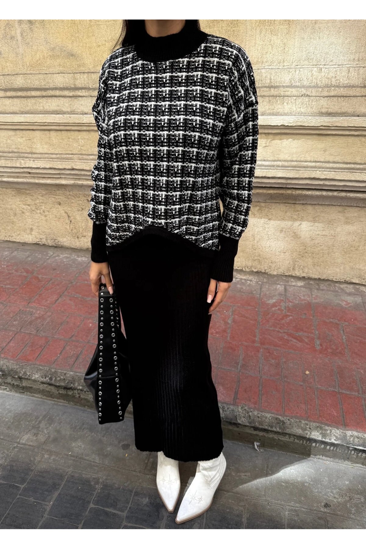 Ekose Desenli Kazak ve Elbise Triko Takım Siyah