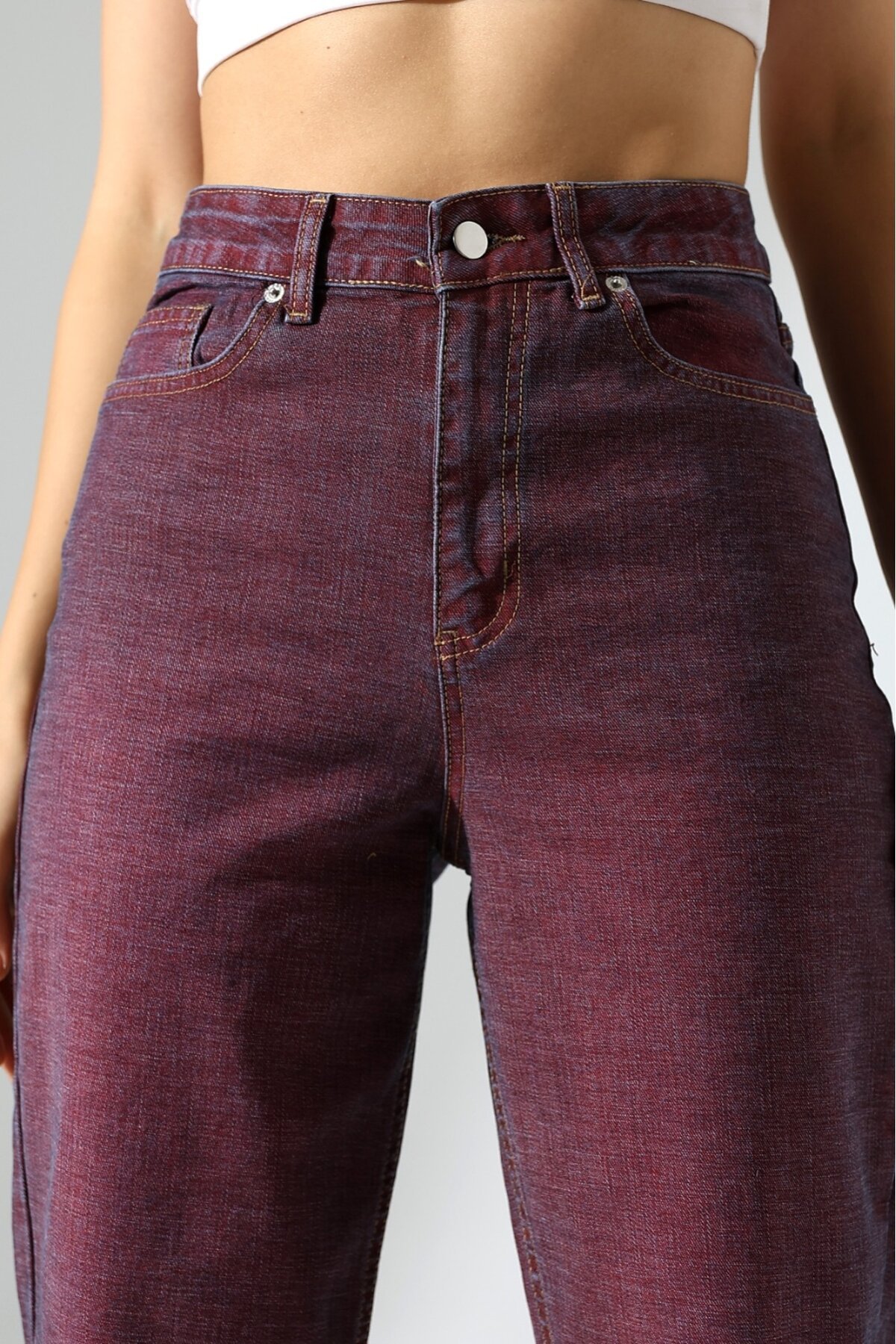 Eski Efektli Şık Bordo Mom Fit Jean