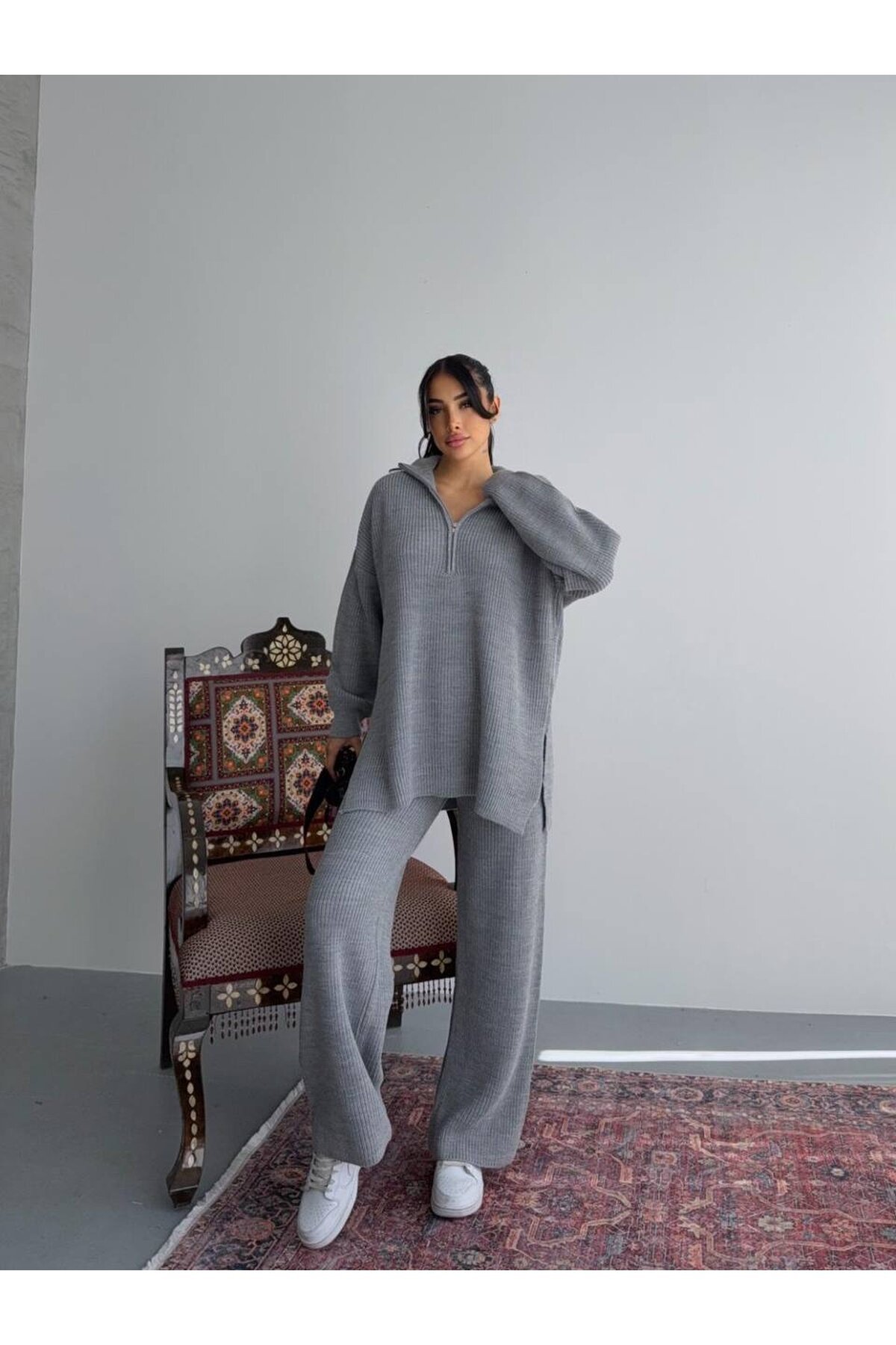 Fermuar Detay Üst ve Alt Triko Takım Ekru