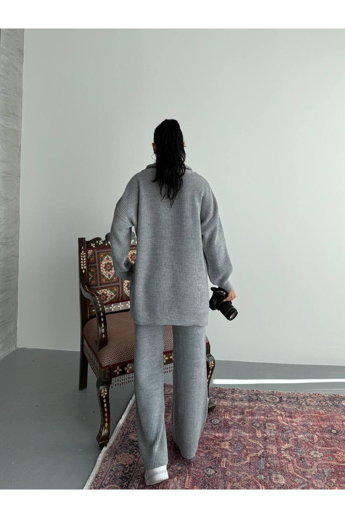 Fermuar Detay Üst ve Alt Triko Takım Ekru