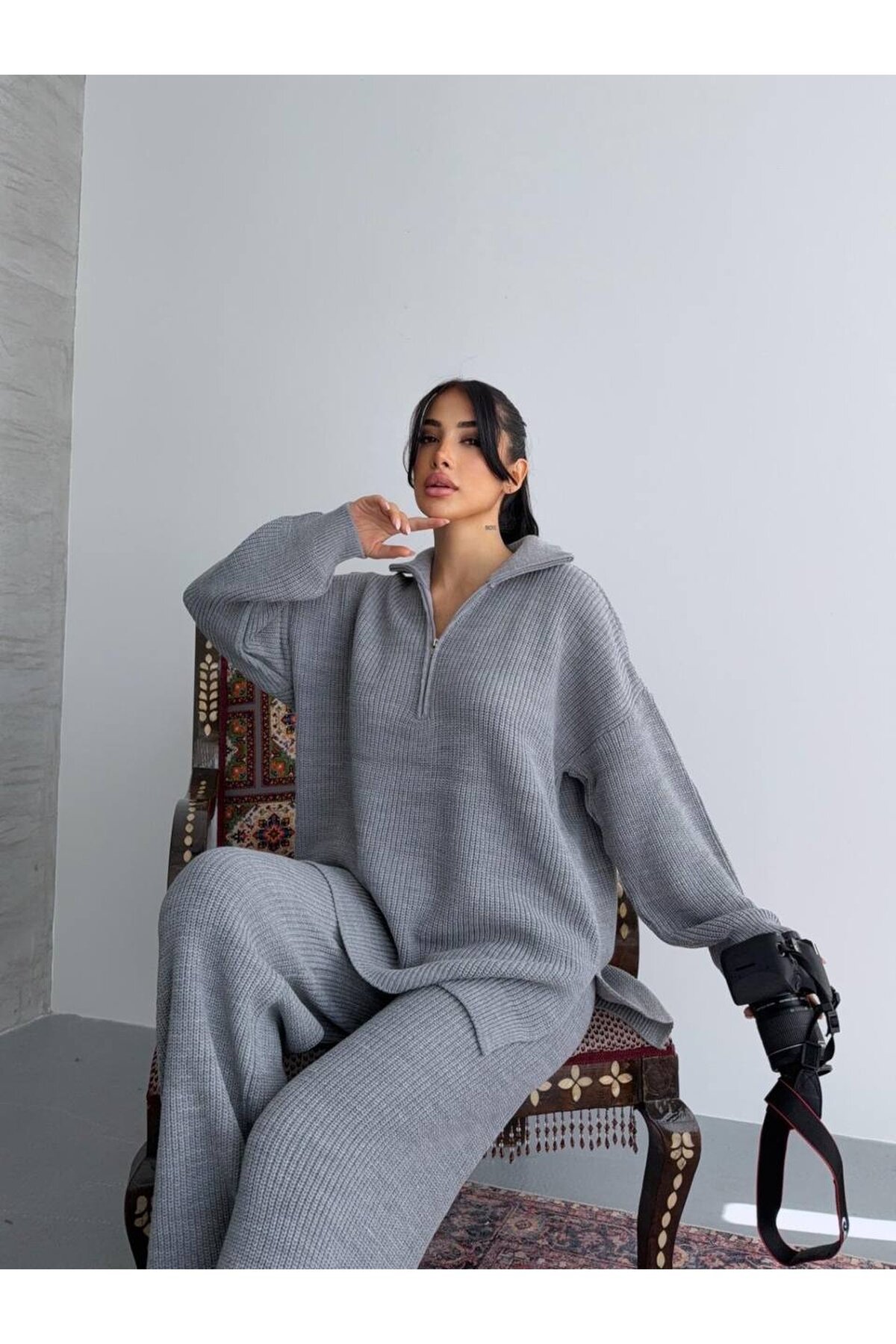 Fermuar Detay Üst ve Alt Triko Takım Ekru