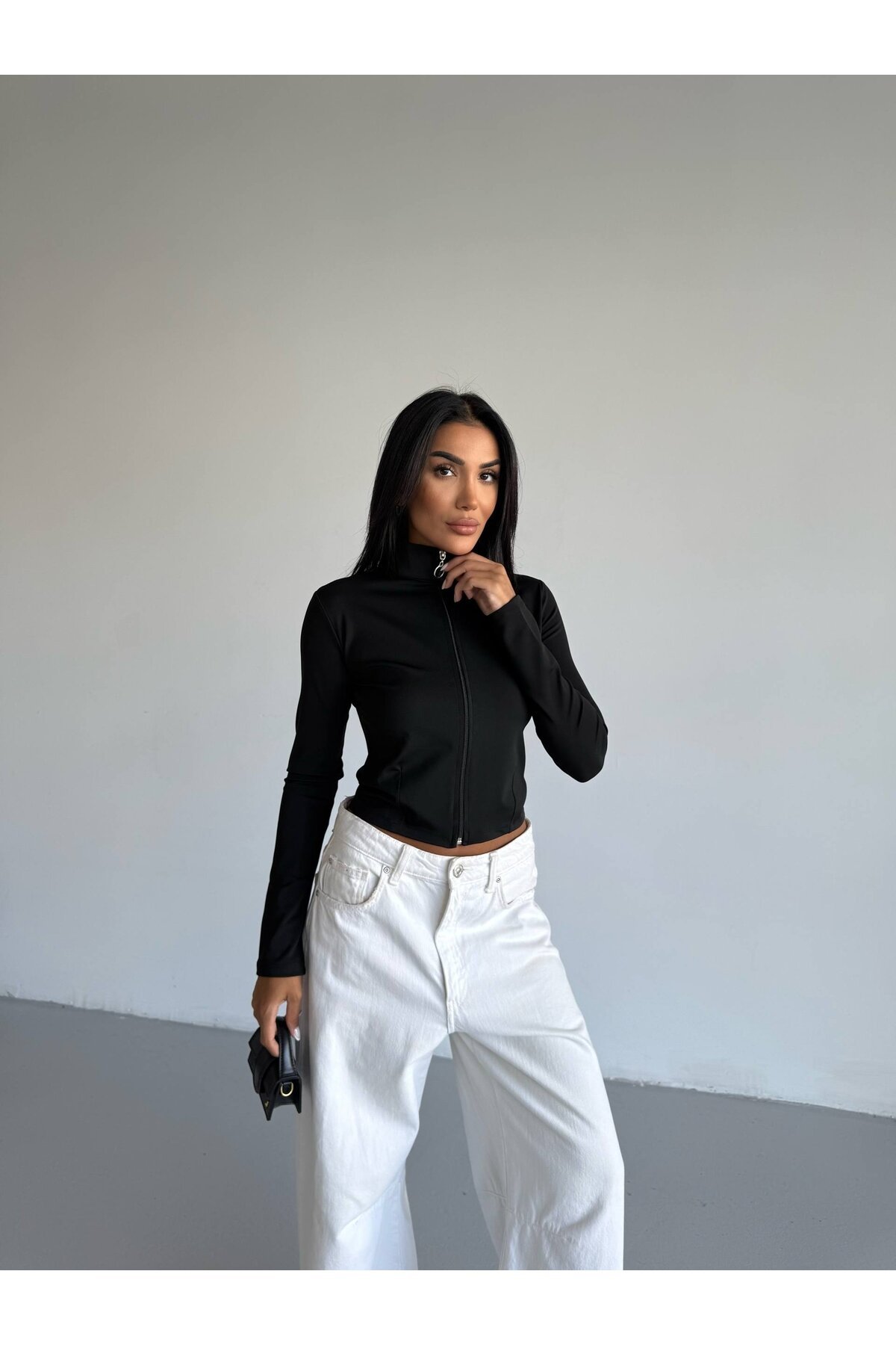 Fermuarlı Dalgıç Kumaş Sweatshirt