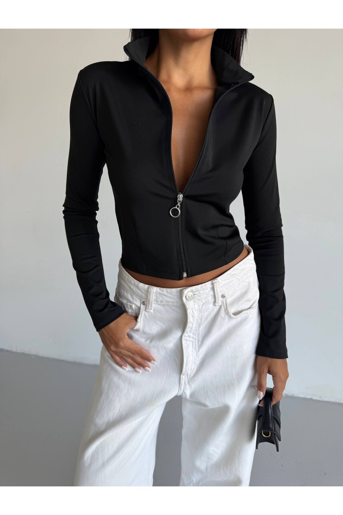 Fermuarlı Dalgıç Kumaş Sweatshirt