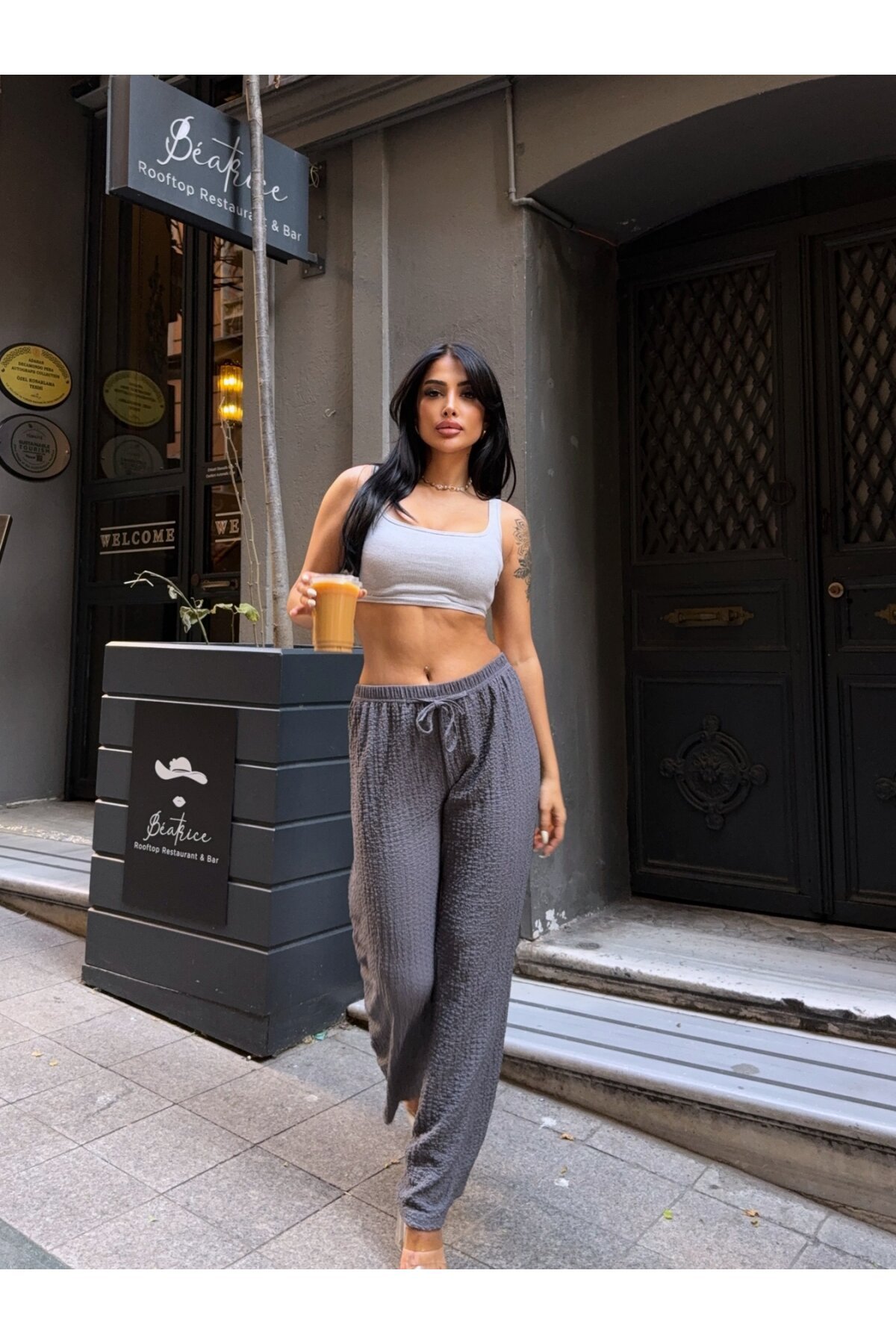 Gofre Bol Paça Beli Lastikli Pantalon Gri