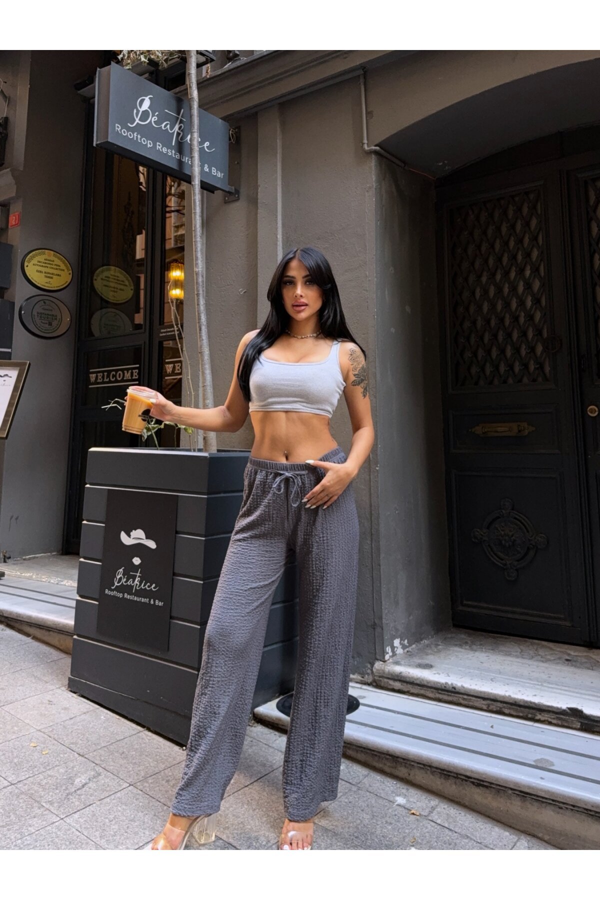 Gofre Bol Paça Beli Lastikli Pantalon Gri