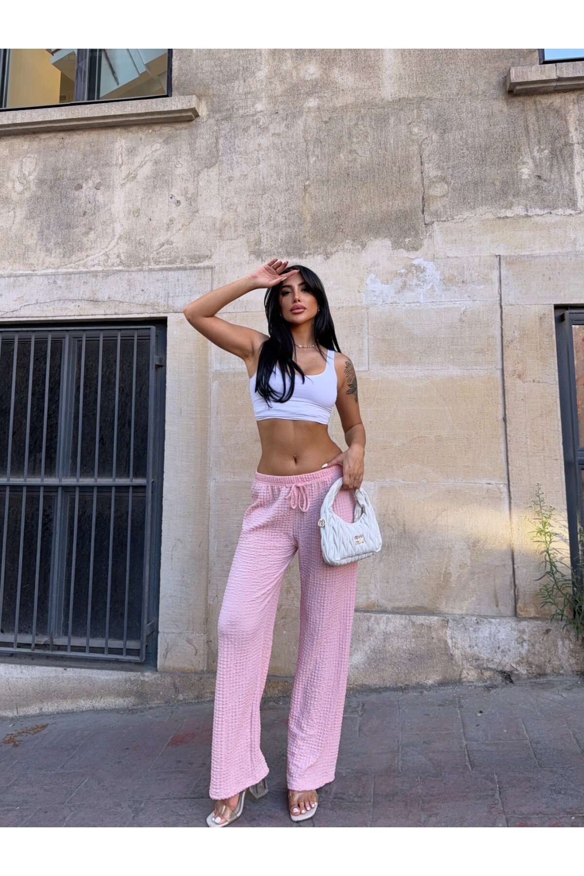 Gofre Bol Paça Beli Lastikli Pantalon Pudra