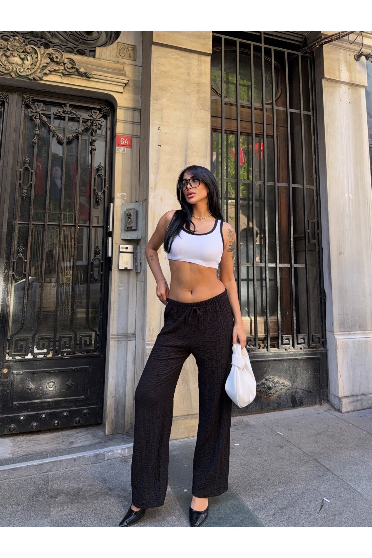 Gofre Bol Paça Beli Lastikli Pantalon Siyah