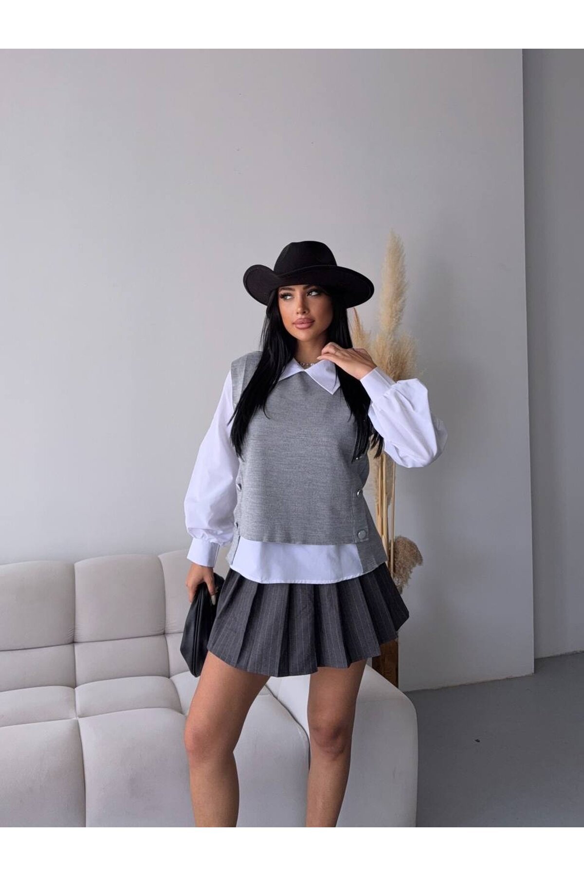 Gömlek Detay Gri Triko Bluz