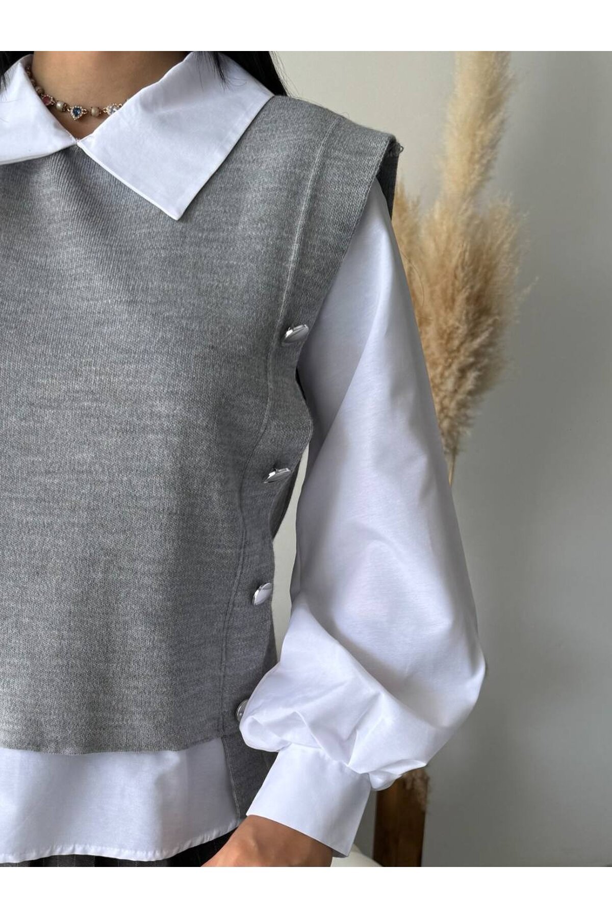 Gömlek Detay Gri Triko Bluz