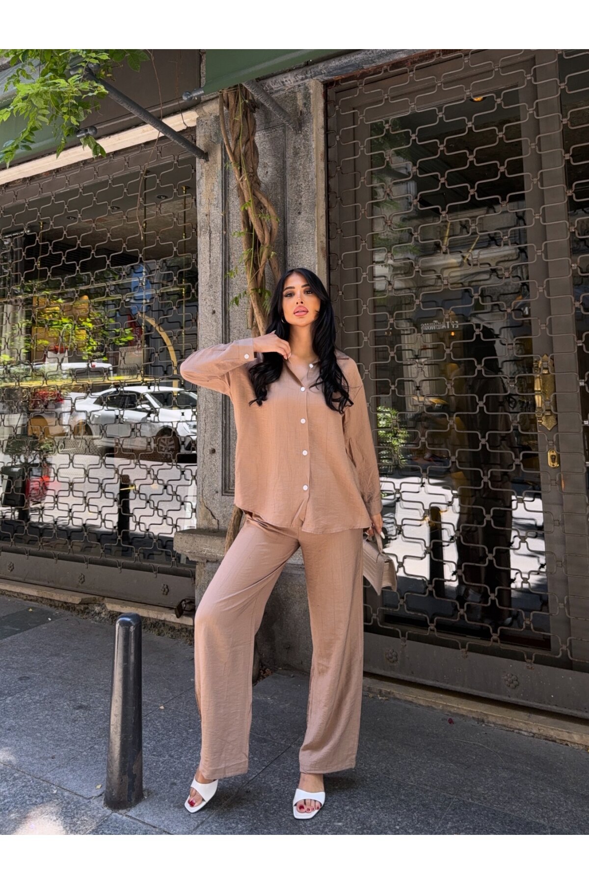 Gömlek Pantalon Alt Üst Takım Bej