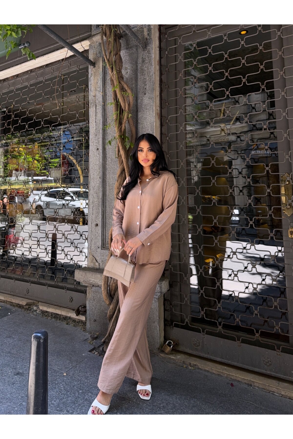 Gömlek Pantalon Alt Üst Takım Bej