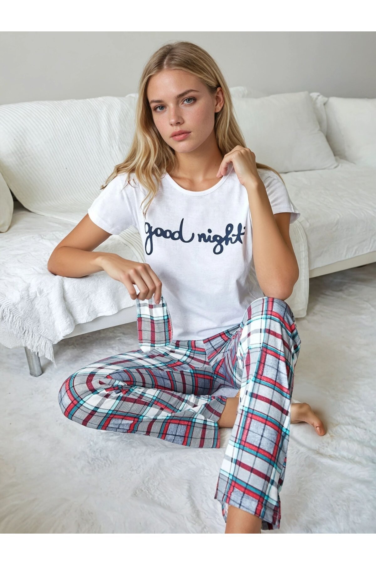 Good Night Baskılı Ekose Desen Kısa Kol Pijama Takımı