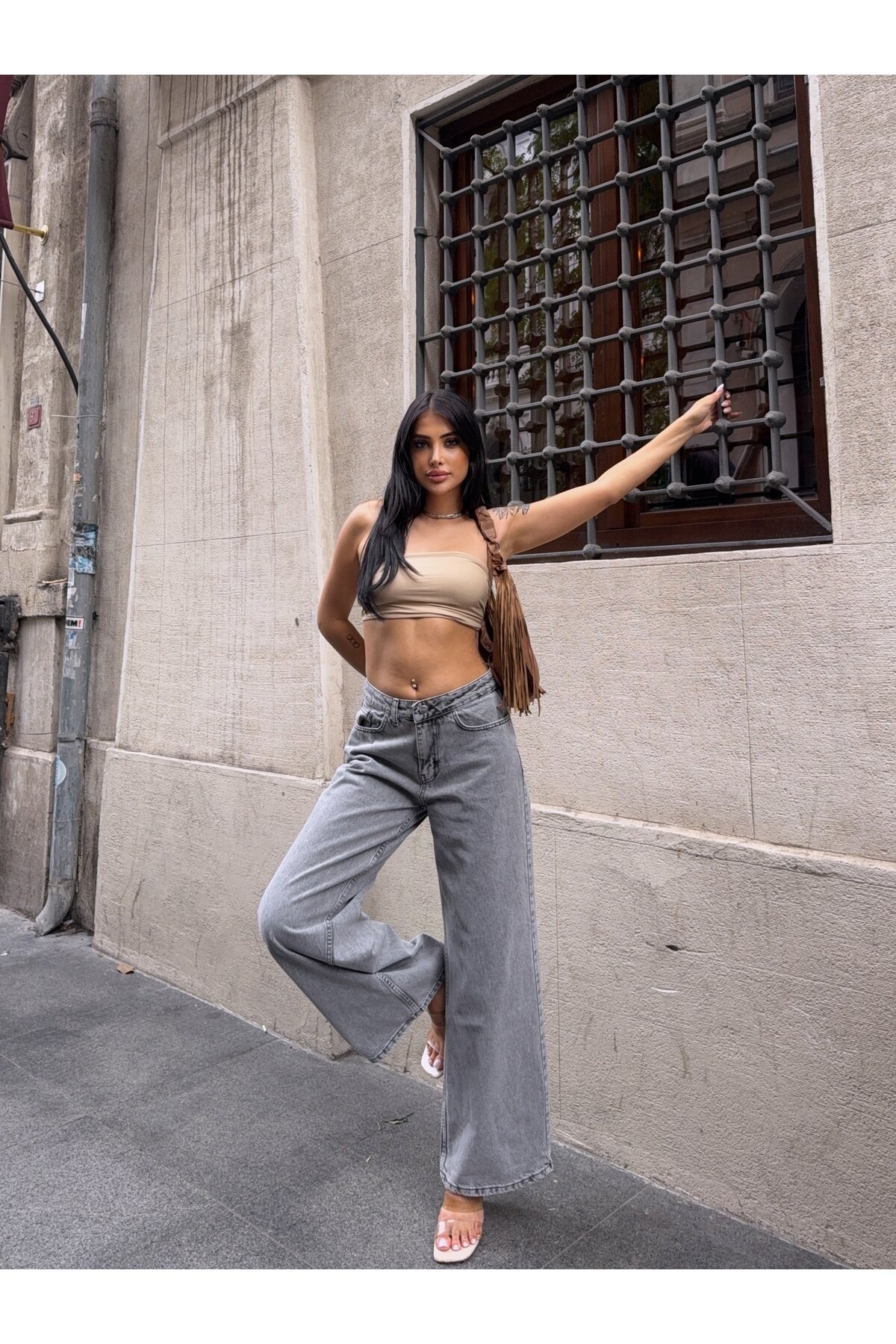 Gri Yüksek Bel Geniş Paça Jean Pantolon