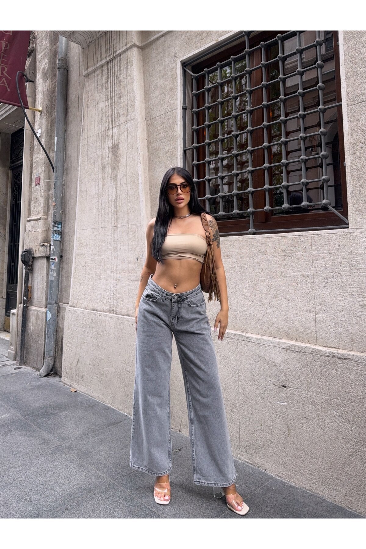 Gri Yüksek Bel Geniş Paça Jean Pantolon