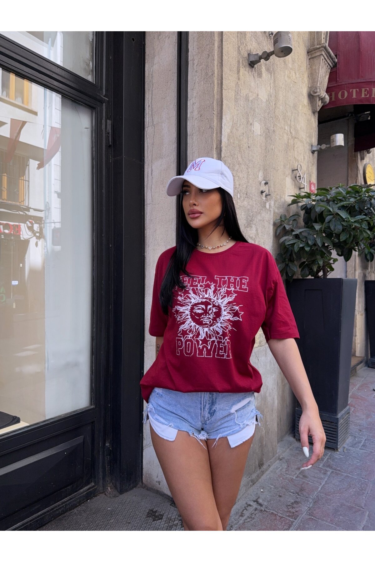 Güneş Baskılı Bordo Oversize T-Shirt