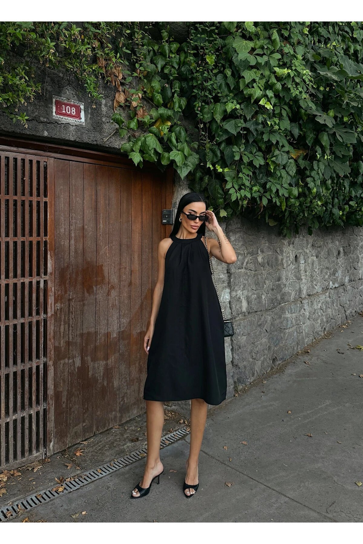 Halter Yaka Dokuma Midi Elbise