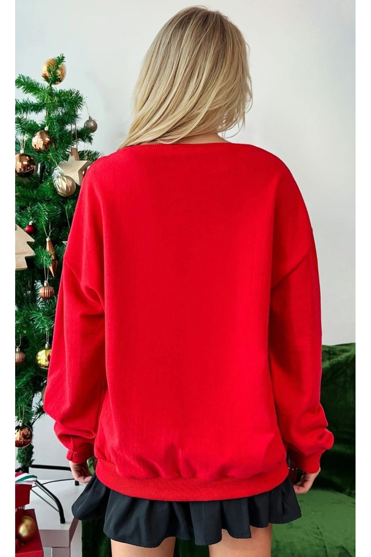 Happy New Year Baskılı Kırmızı Üç İplik Yılbaşı Sweatshirt