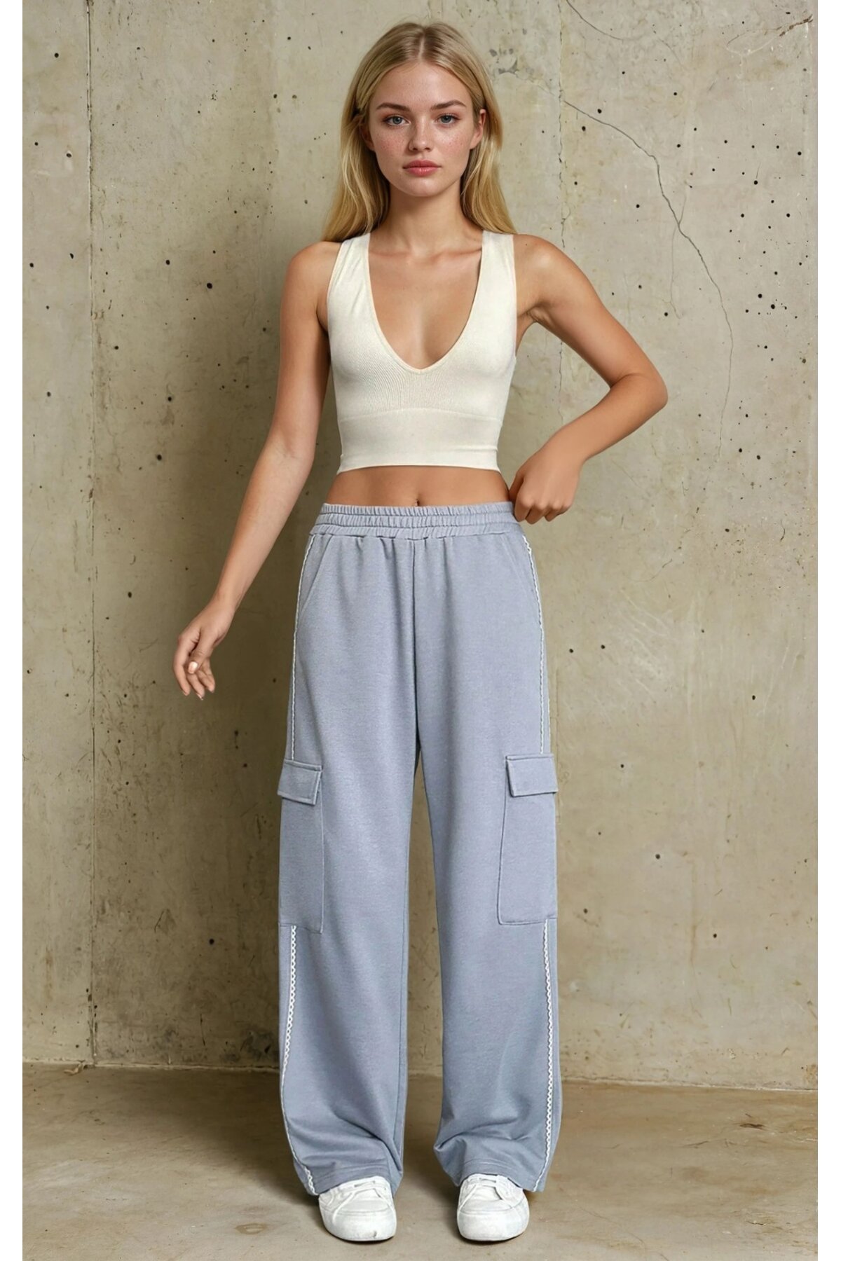 İki İplik Kumaş Kargo Cepli Kadın Eşofman Altı