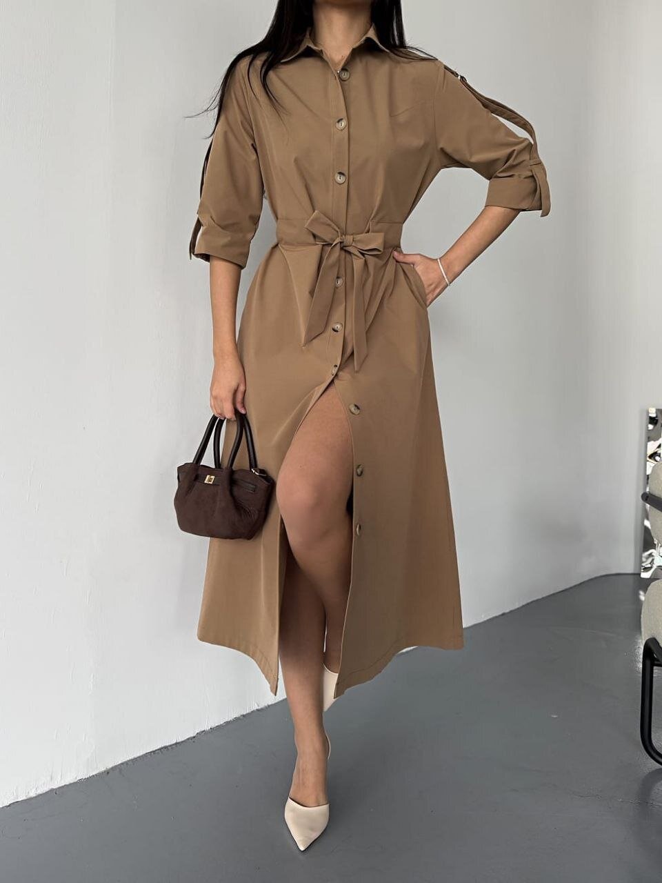 İthal Cupra Kumaş Kuşaklı Elbise