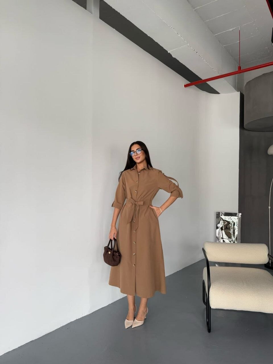 İthal Cupra Kumaş Kuşaklı Elbise