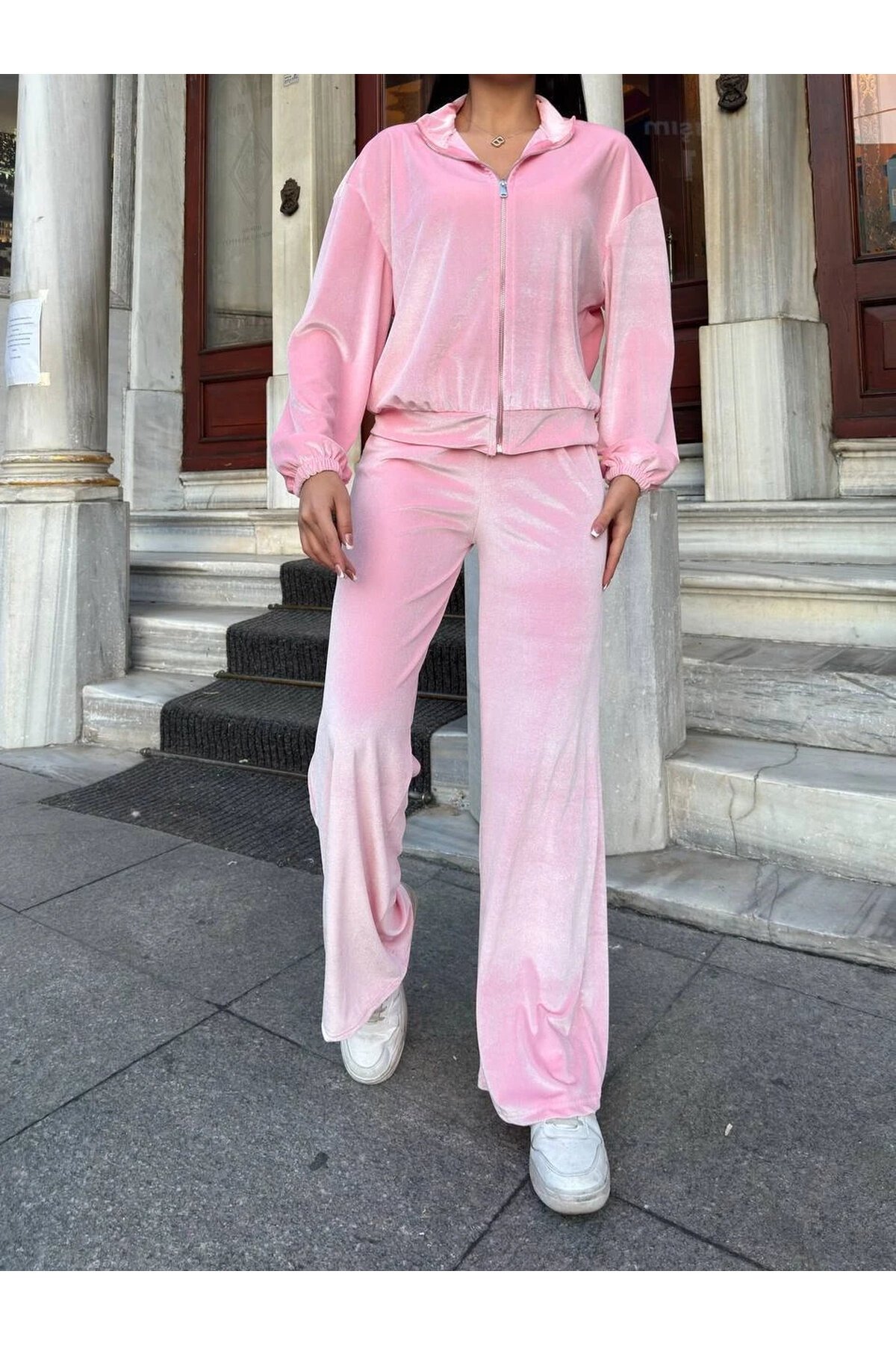 Kadife Fermuarlı Alt Üst Takım Pudra