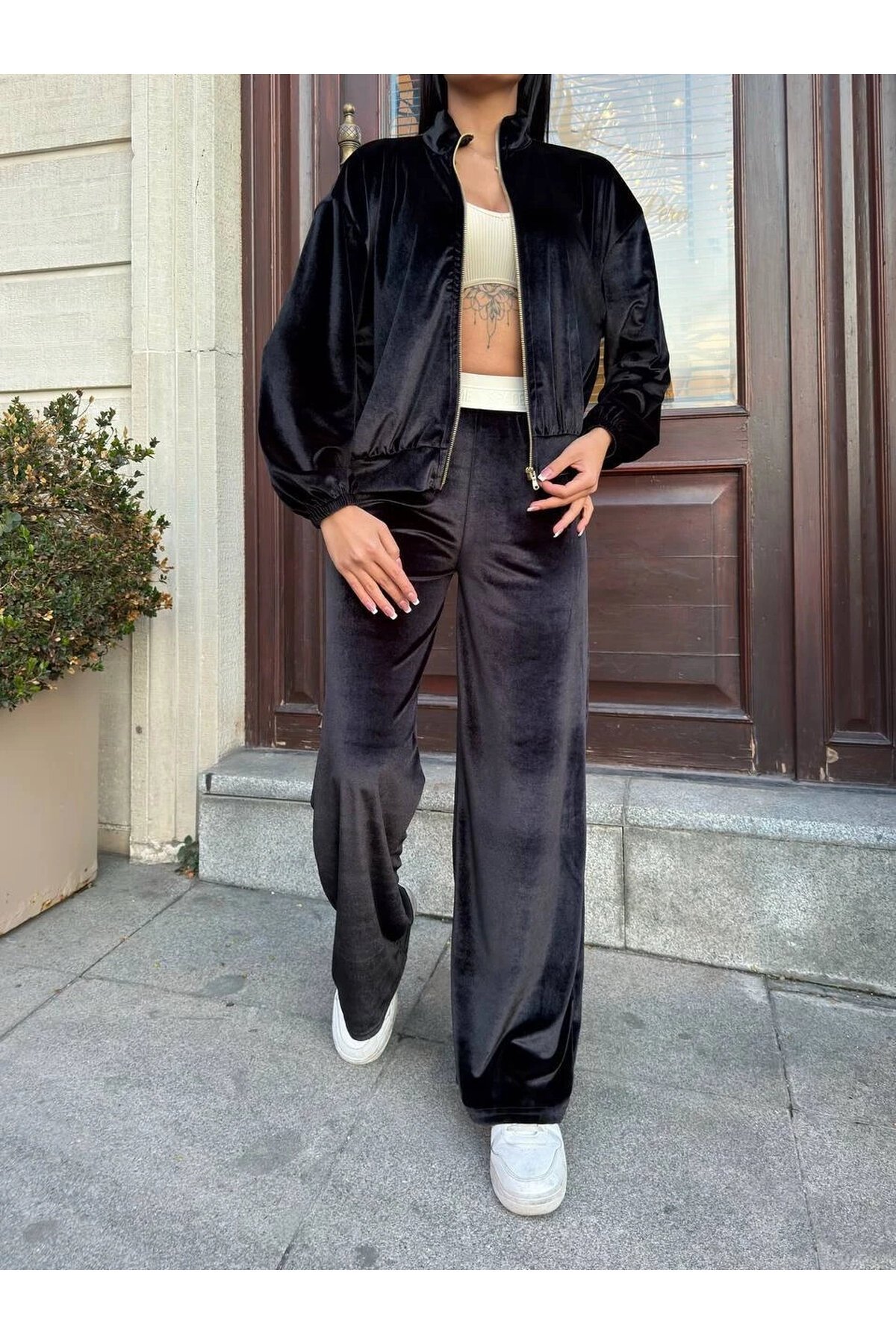 Kadife Fermuarlı Alt Üst Takım Siyah