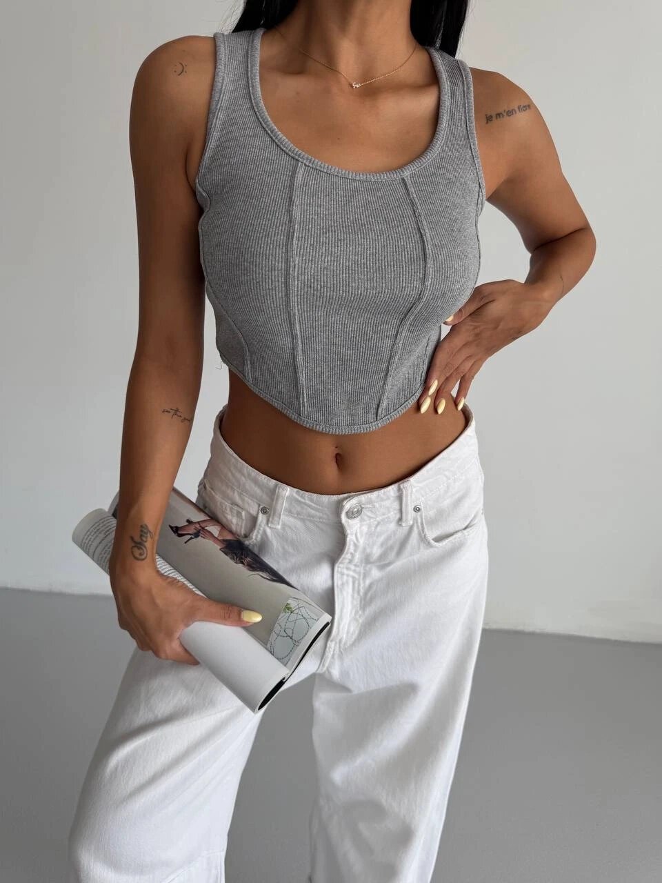 Kadın Gri Kaşkorse Crop Bluz