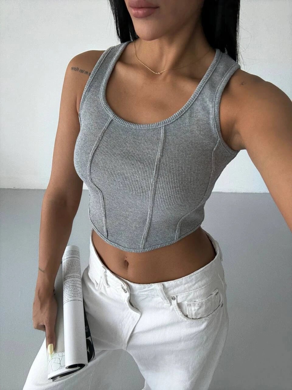 Kadın Gri Kaşkorse Crop Bluz