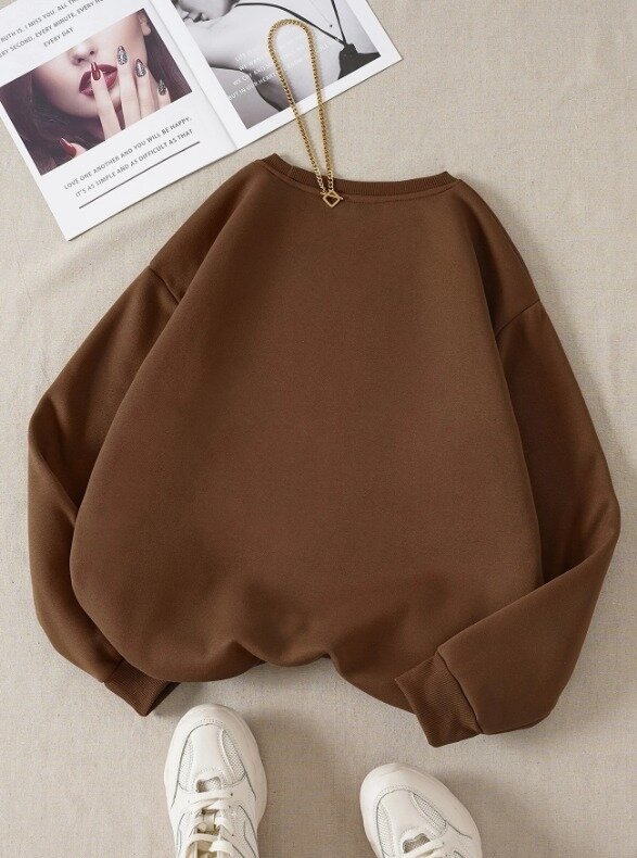 Kadın Kahverengi Ayıcık Baskılı Oversize Sweatshirt