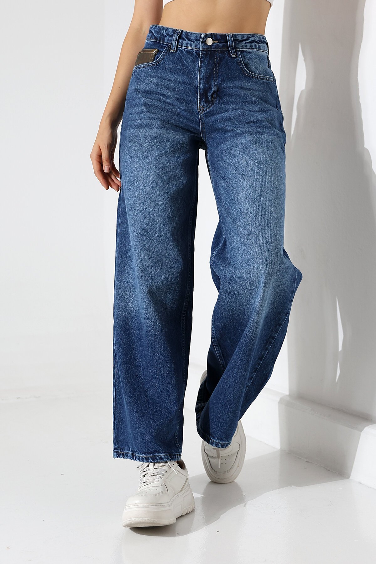 Kadın Koyu Mavi Wide Leg Jean