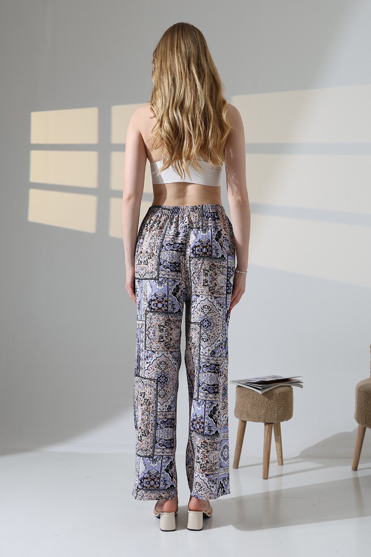 Kadın Lila  Viskon Bol Paça Desenli Pantalon