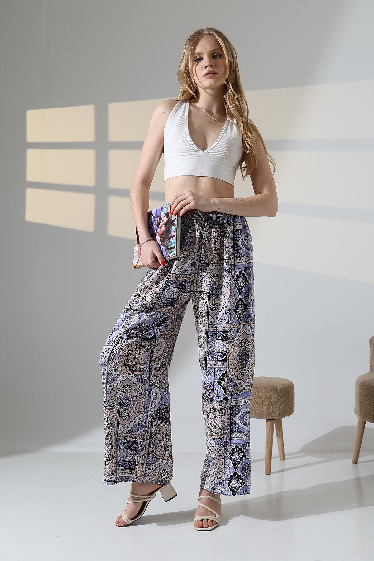 Kadın Lila  Viskon Bol Paça Desenli Pantalon