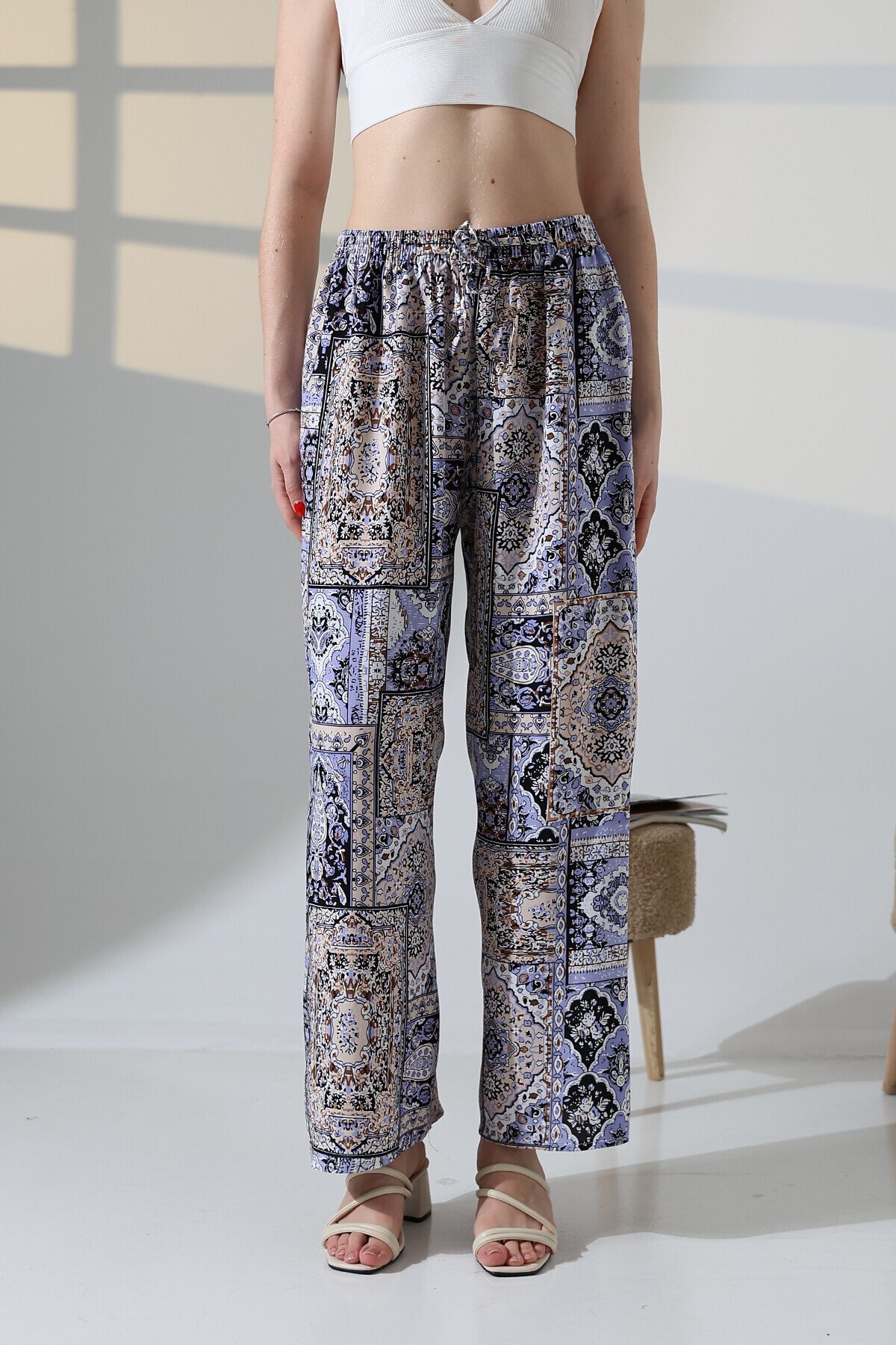 Kadın Lila  Viskon Bol Paça Desenli Pantalon