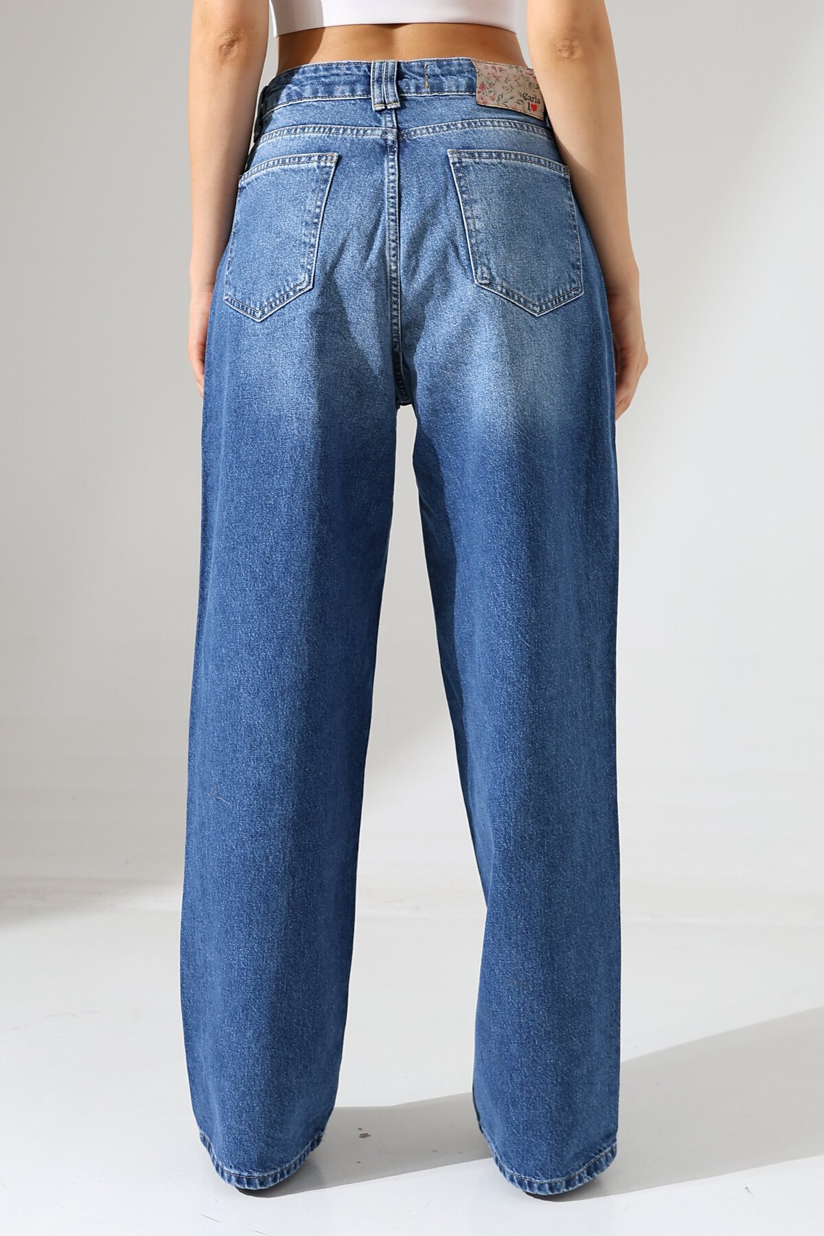 Kadın Mavi Yıkamalı Wide Leg Jean