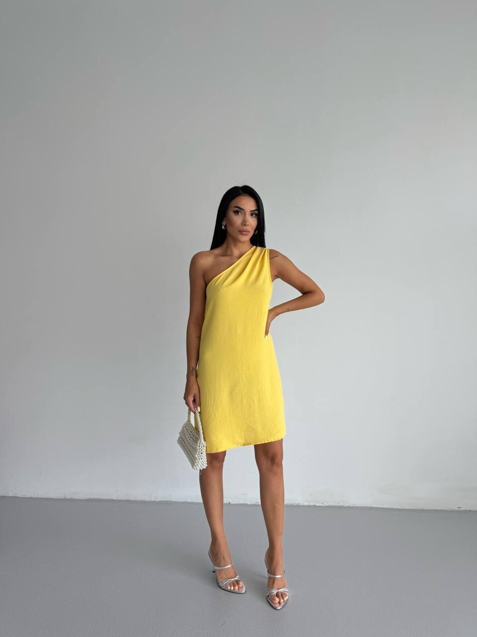 Kadın Sarı Ayrobin Kumaş Tek Omuz Elbise