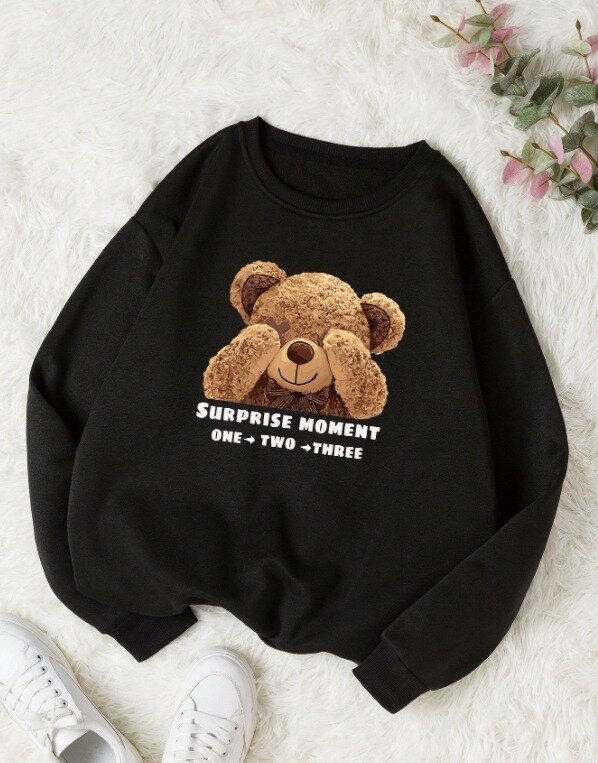 Kadın Siyah Ayıcık Baskılı Oversize Sweatshirt