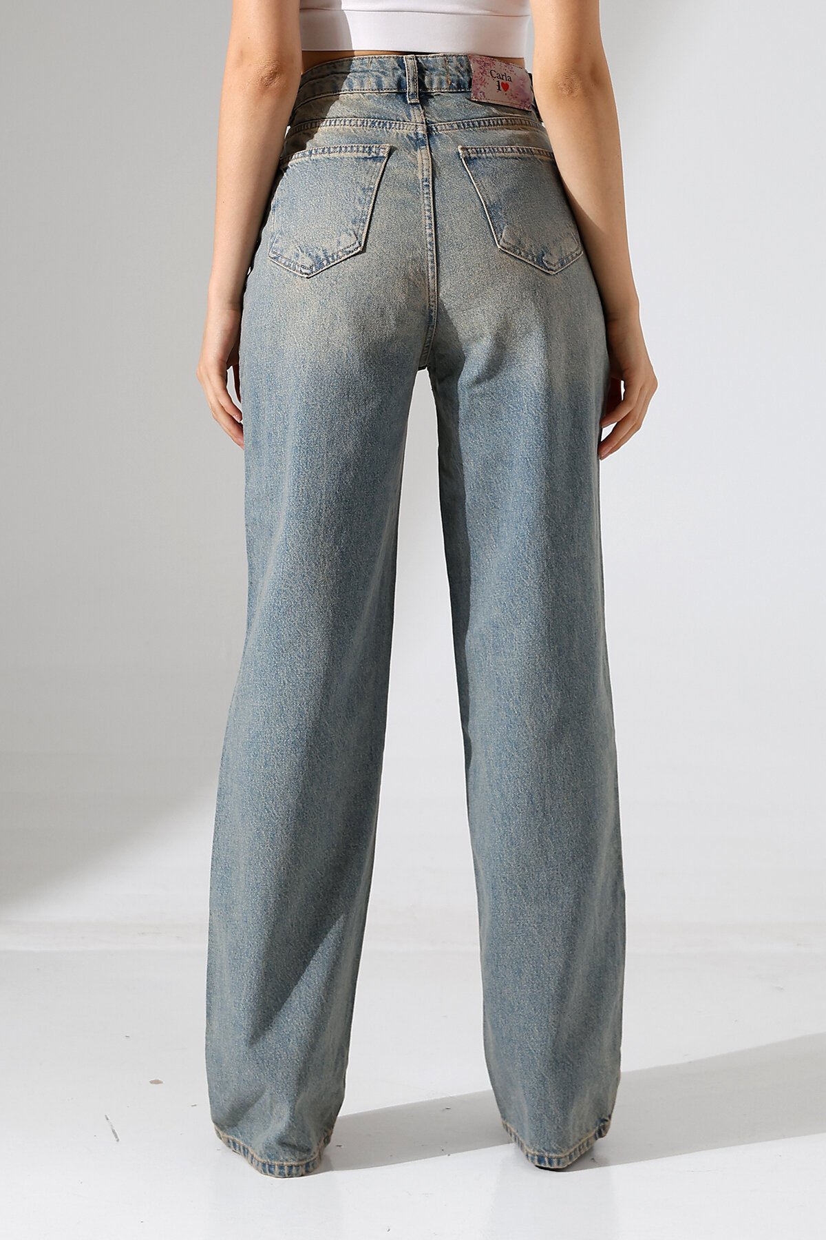 Kadın Vintage Yıkama Yüksek Bel Bol Paça Jean