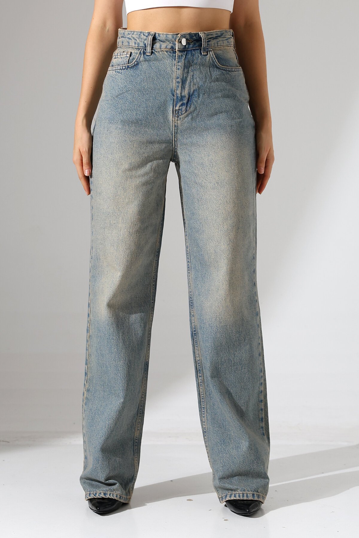 Kadın Vintage Yıkama Yüksek Bel Bol Paça Jean