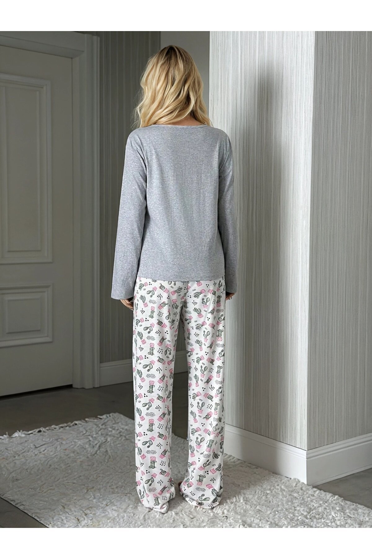 Kaktüs Desenli Uzun Kol Kadın Pijama Takımı